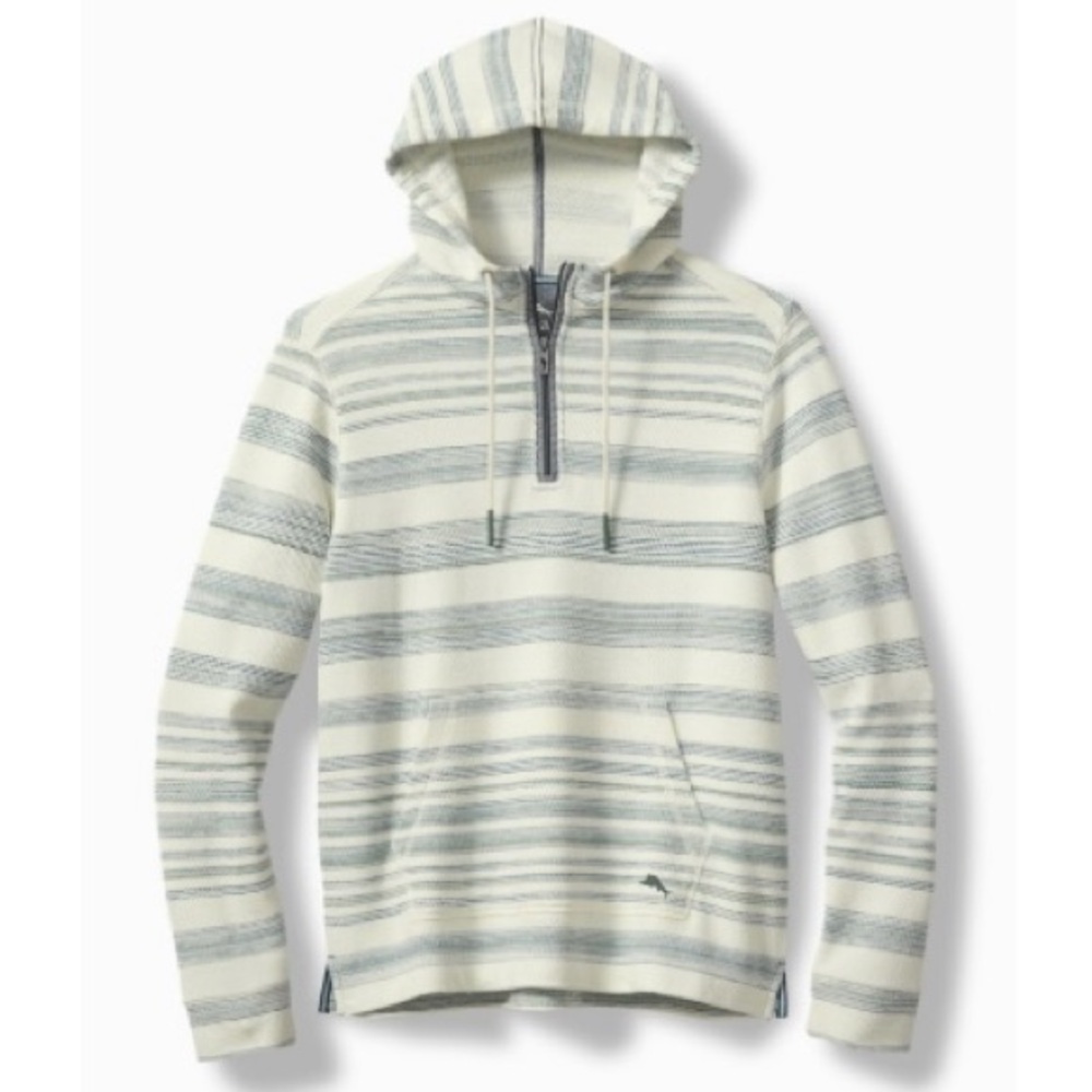 Tommy Bahama Blue and Cream shoreline stripe Baja half zip hoodie small